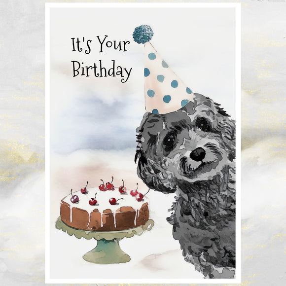 Black, Silver Cockapoo Dog Birthday Card, Cockapoo Dog Greetings Card