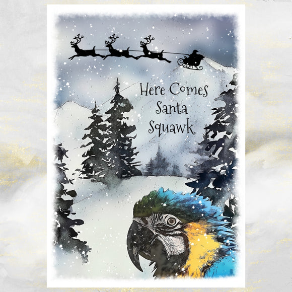 Macaw Parrot Christmas Card, Funny Blue and Yellow Macaw Christmas Art Card