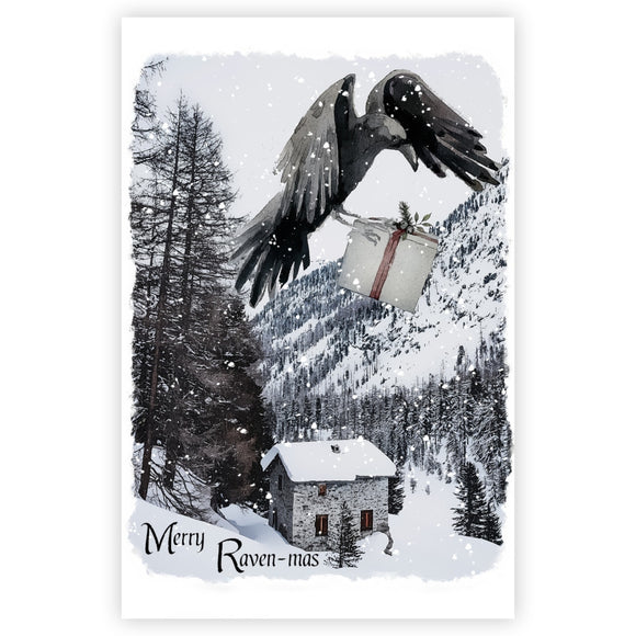 Gothic Raven Christmas Greetings Card, Raven Art Christmas Scene, Goth Xmas Card.