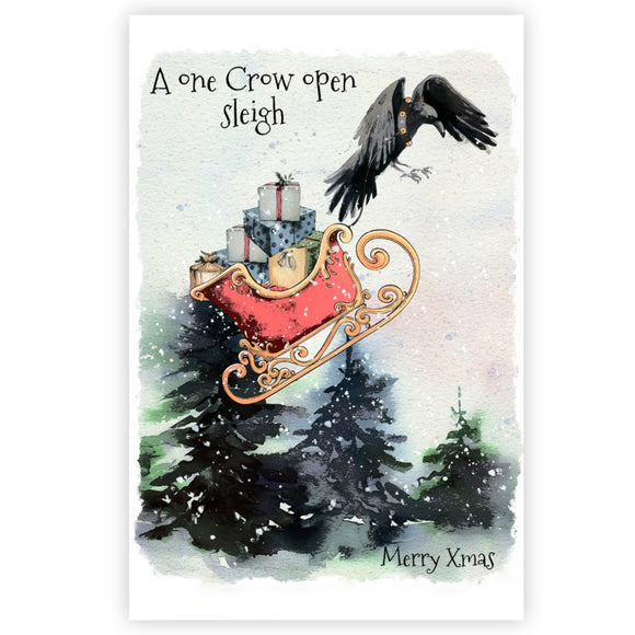 Gothic Crow Christmas Greetings Card, Crow and Sleigh Christmas Card, Goth Xmas.