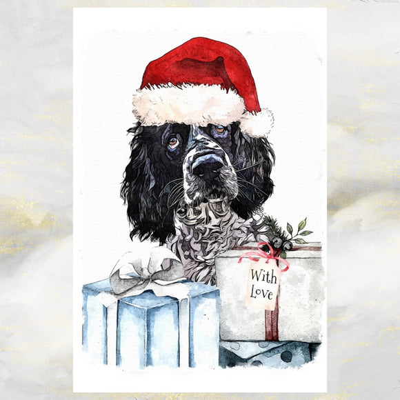 Springer Spaniel Dog Christmas Card, Springer Dog Christmas Art Card.