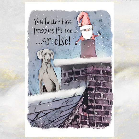 Weimaraner Dog Christmas Card, Funny Weimaraner Dog Christmas Art Card.