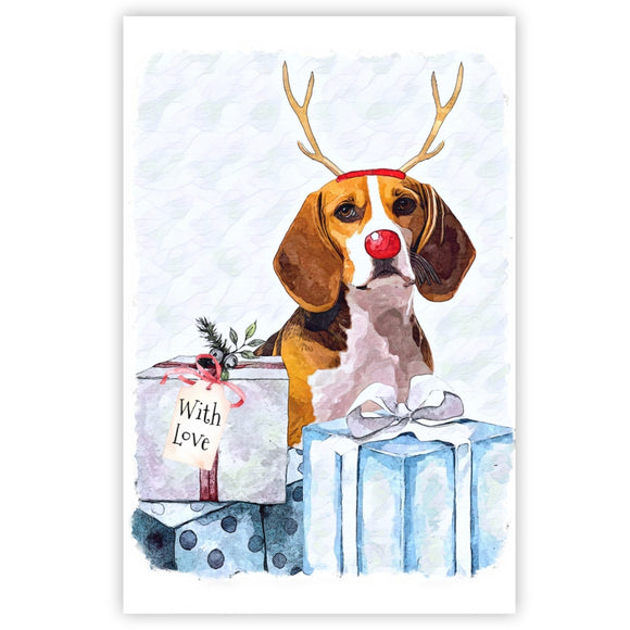 Beagle Dog Christmas Card, Beagle Dog Christmas Art Greetings Card.