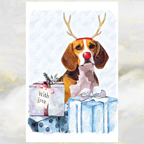 Beagle Dog Christmas Card, Beagle Dog Christmas Art Greetings Card.