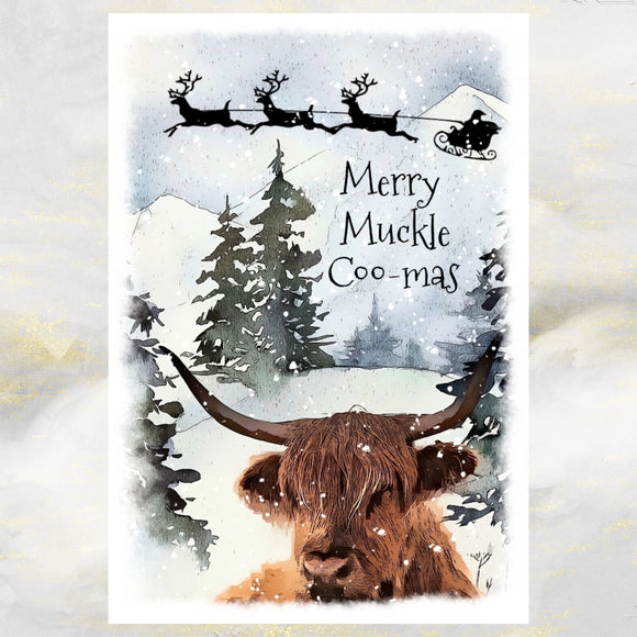 Scottish Highland Cow Christmas Card, Funny Muckle Coo Christmas Card