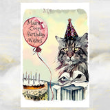 Maine Coon Cat Birthday Card, Vintage Style Maine Coon Cat Art Card.