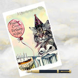 Maine Coon Cat Birthday Card, Vintage Style Maine Coon Cat Art Card.