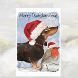 Dachshund Dog Christmas Card, Dachshund Dog, Dachshund Dog Greetings Card, Dachshund and Robin Christmas Greetings Card, Dog Christmas Card.