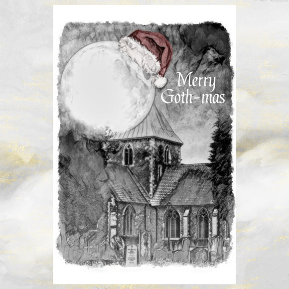 Gothic Church Scene Christmas Card, Alternative Gothic Art Christmas Card.