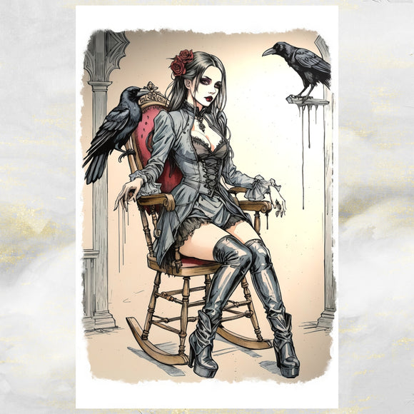 Modern Art Goth Girl & Ravens Greetings Card 