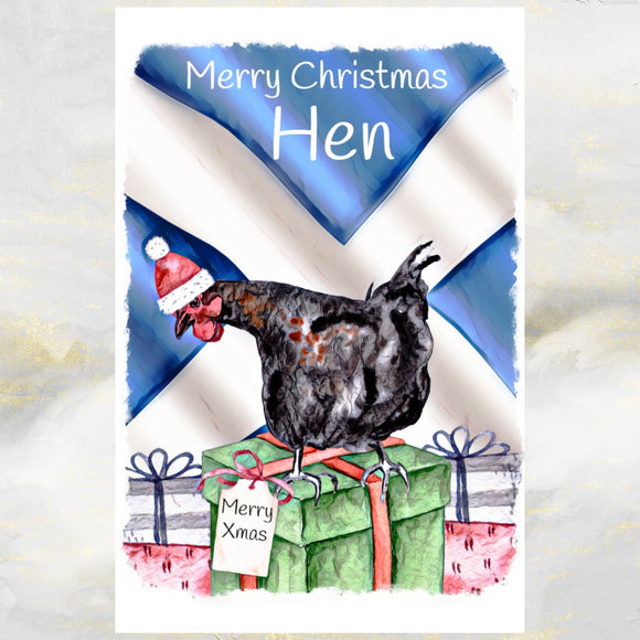 Funny Scottish Christmas Card, Merry Christmas Hen Greetings Card.