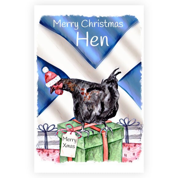 Funny Scottish Christmas Card, Merry Christmas Hen Greetings Card.