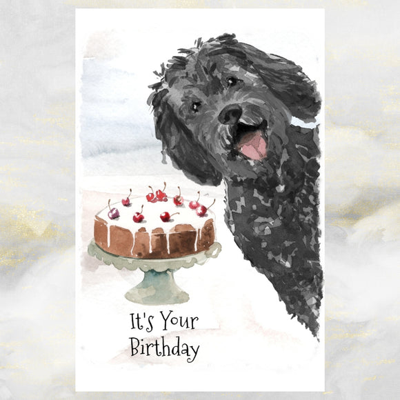 Black Labradoodle Dog Birthday Card, Black Labradoodle Greetings Card.
