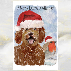 Labradoodle Dog Christmas Card, Labradoodle Dog, Labradoodle Dog Greetings Card, Labradoodle and Robin Christmas Greetings Card.