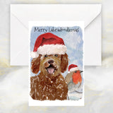 Labradoodle Dog Christmas Card, Labradoodle Dog, Labradoodle Dog Greetings Card, Labradoodle and Robin Christmas Greetings Card.