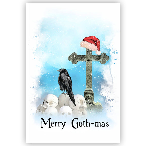 Raven Art Christmas Scene Card, Goth Christmas Greetings Card, Gothic Xmas Card.