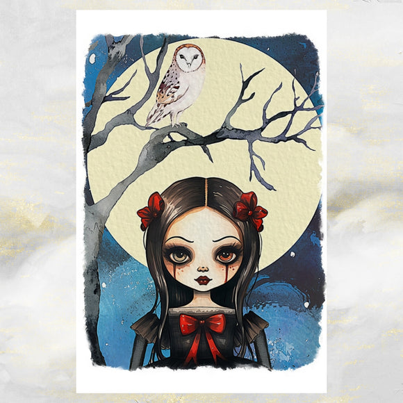 Cute Goth Girl and Owl Birthday Greetings Card