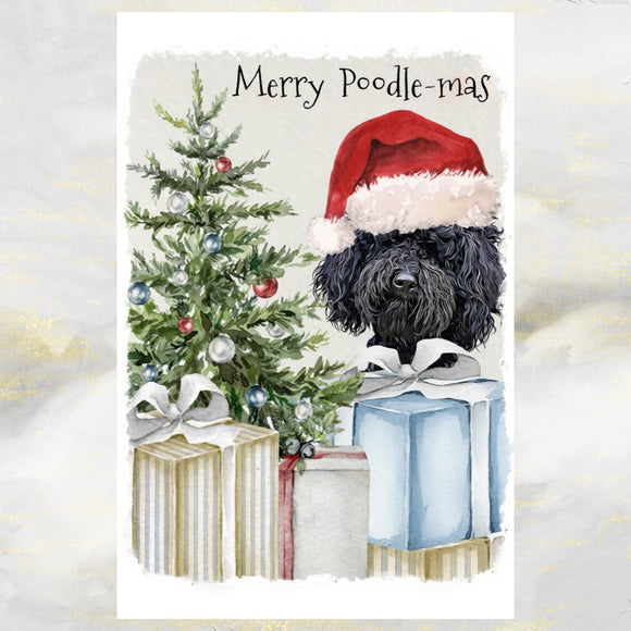 Poodle Dog Christmas Card, Black Poodle Christmas Art Card.