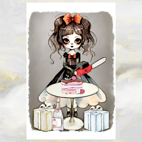Goth Girl with Chainsaw Birthday Greetings Card