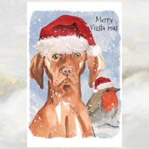 Vizsla Dog Christmas Card, Vizsla Dog, Vizsla Dog Greetings Card, Vizsla and Robin Christmas Greetings Card, Dog Christmas Card.