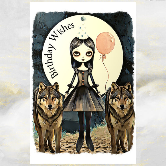 Goth Girl with Wolves Birthday Greetings Card